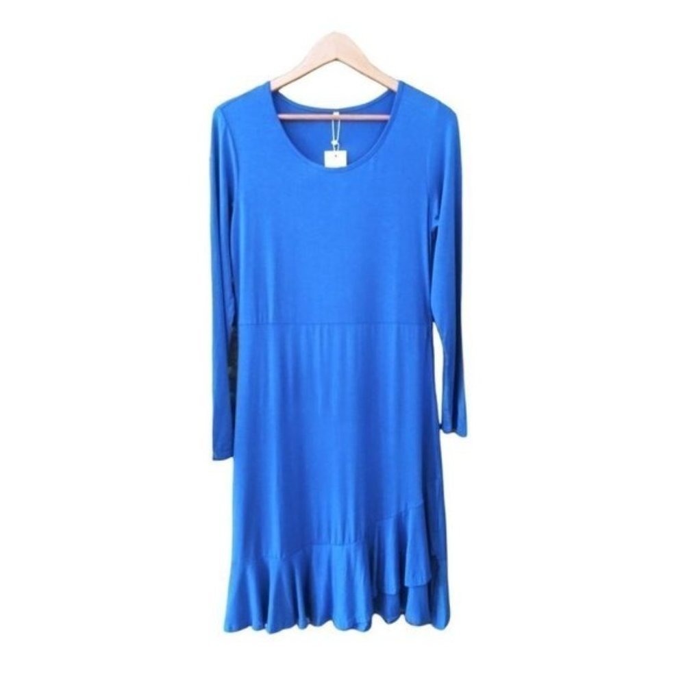 Women's Blue Long Sleeve Tie Waist Ruffle Hem Casual Midi Dress - Picture 3 of 15